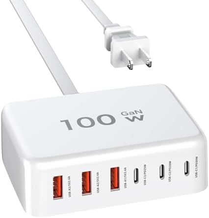 High-Power 100 W Ga N USB-C Charging Hub – 6-Port Multi-Device Fast Charger with 5 ft Cord for i Phone, i Pad, Galaxy, Pixel – Compact & Efficient Portable Power Station for Home and Office Use