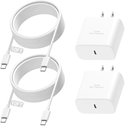 Super Fast 45 W USB-C Charger Bundle with 10 FT Cable – Optimized Power Delivery for Samsung Galaxy S Series & Tab S – Dual Pack for Ultimate Convenience – Elegant White Design Ideal for Travel & Everyday Use – Rapid Charging Solution for Busy Lifestyles