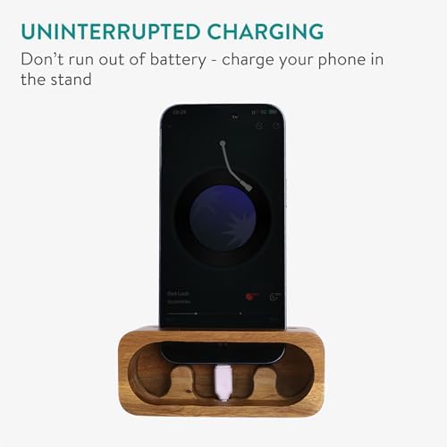 Navaris Bamboo Phone Stand – Bamboo Phone Stand for Desk – Enhanced Sound with Built-in Amplifier – Portable Bamboo Cell Phone Holder Charging Dock for Kitchen Office Bedside – Enhanced Compatibility and Speed