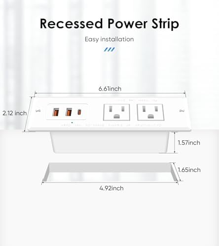 Flush-Mounted Recessed Power Strip with 20 W USB-C Fast Charging Ports – Ideal Desk Power Solution for Conference Rooms and Office Furniture, 10 FT Cord (ETL Listed) for Enhanced Safety and Performance