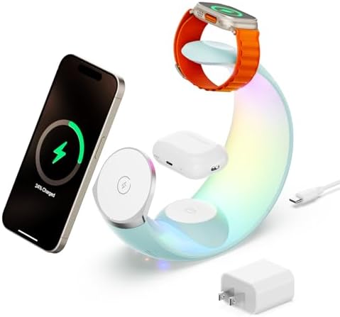 Ultimate 3-in-1 Magnetic Wireless Charging Station for Apple Devices – Fast Charge Your i Phone 16/15/14/13/12/11, Apple Watch Series & Air Pods 4 with RGB Night Light – Enhanced Safety & Intelligent Charging Technology – Artful Design for Home and Office Aesthetics
