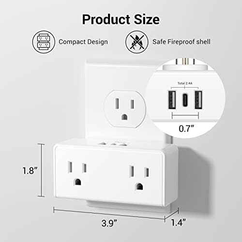 Elevate Your Charging Game with the Clear Power 2-Outlet Power Strip – 6 ft Flat Plug Power Station Featuring 3 USB Ports (1 USB-C) for Rapid Device Charging, Ideal for Home, Office & Travel, Durable & Compact Design, White, Model DC3 S-1102-DC