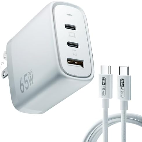 High-Performance 65 W USB-C Charger with 3 Ports & 6 FT Nylon Braided Cable – Compact Ga N Fast Charging Solution for Mac Book, i Phone 16/15, Galaxy S24/S23, i Pad Pro, Pixel 8 – Ultimate Portability & Enhanced Device Longevity