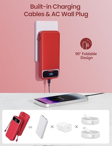 12000 m Ah Ultra-Light Portable Power Bank with Built-In Cables & AC Wall Plug – PD20 W USB-C Fast Charging for i Phone, Samsung & Android – LED Display for Battery Monitoring – Ultimate Travel Companion for Quick Device Recharging