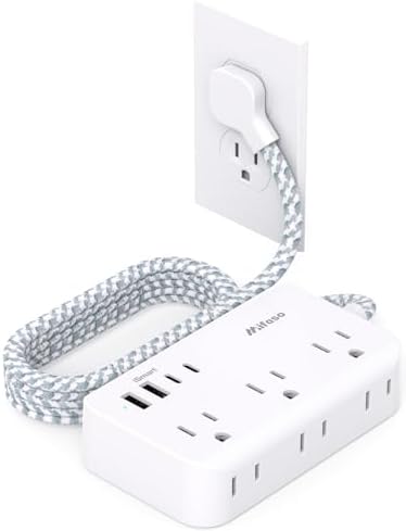 Compact Power Strip with 6 Outlets and 4 USB Ports (2 USB-C) – 5 Ft Braided Extension Cord with Ultra-Slim Flat Plug for Wall Mounting – Essential Overload Protection for Travel, Dorm Rooms, and Cruise Ships – Versatile Device Charger for Modern Living