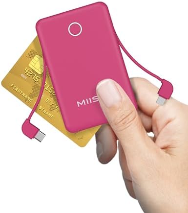 Ultra Slim 6000 m Ah Power Bank with Built-In USB C Cords – Card-Sized Portable Charger for Effortless On-the-Go Charging, Triple Output for i Phone, Samsung, Google Devices – Stylish and Compact Battery Pack for Enhanced Efficiency and Versatility