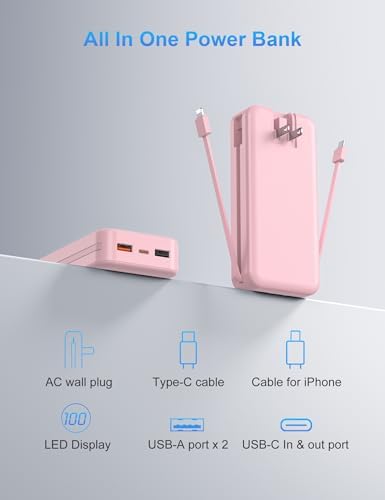 Ultimate 20,000 m Ah Portable Charger with Wall Plug – Fast Charging USB-C Power Bank with Built-in Cables, Digital Display, and Versatile 5 Output Ports for i Phone, Android, and Tablets – Stay Charged Anywhere with Enhanced Compatibility and Speed