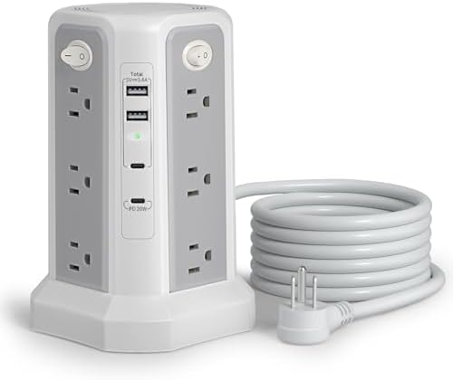 Maximize Power Distribution with the PASSUS Surge Protector Tower – 12 AC Outlets, 5 USB Ports Including 18 W USB C, 10 FT Extension Cord, Space-Saving Flat Plug, Overload Protection for Home and Office Use – Ideal for Multiple Devices and Rapid Charging Solutions