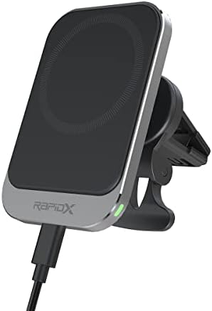 Rapid X Dashio MW1 Magnetic Wireless Charger & Car Vent Mount – 15 W Fast Charging for i Phone 15/14/13/12 & Compatible Android Devices – Effortless Hands-Free Access with Sleek Design & Integrated Safety Features for Ultimate Convenience