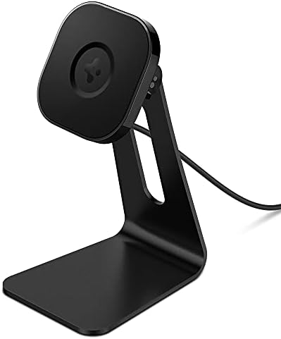 Spigen One Tap Mag Fit Wireless Charger Mount for i Phone 16/15/14/13/12 & Air Pods Pro – Effortless Magnetic Charging Stand with Innovative One Tap Technology, Sophisticated Black Finish, Enhanced Mag Safe Support, and Non-Slip Stability for Seamless Home and Office Charging Solutions