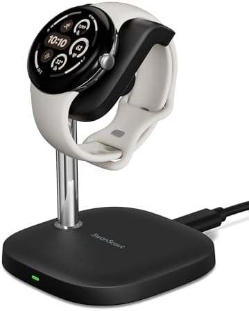 Sleek Black Fast Charging Stand for Google Pixel Watch 3/2 & Swan Scout 505 G2 – Stylish, Compact Charger Base with Advanced Safety Features and Rapid Power Delivery for Smartwatch Enthusiasts