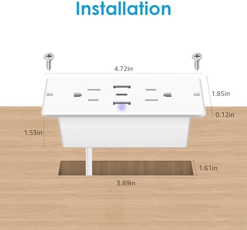 Transform Your Space with HHSOET 5-in-1 Recessed Power Strip – Flat Plug Design Featuring 20 W Fast Charging, 2 AC Outlets, 3 USB Ports (Including USB-C), and 6 ft Power Cord for Effortless Connectivity in Home Offices and Conference Rooms – Elevate Your Charging Efficiency and Aesthetic Appeal