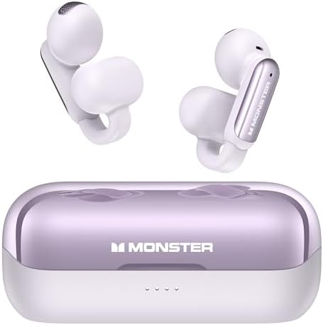 Monster AC601 Open Wireless Earbuds – Advanced Bluetooth 5.4 Clip-On Headphones with Superior Environmental Noise Cancellation and IPX5 Waterproof Design – Sleek Purple Earphones Perfect for Active Lifestyles and Crystal Clear Audio Quality