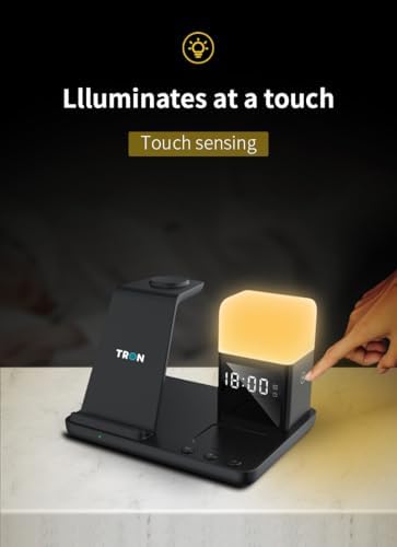 Tron 6-in-1 Wireless Charger: Fast Charging Solution for i Phone, Apple Watch & Air Pods with Integrated Lamp & Clock – Advanced Qi Compatibility, Sleek Design, and Safety Features for Ultimate Convenience