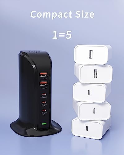 High-Speed USB C Charging Station – 55 W Multiport Tower Charger for 5 Devices, Smart Power Management, Ideal for i Phone, i Pad, Samsung & More – Portable Travel Essential with Safety Features