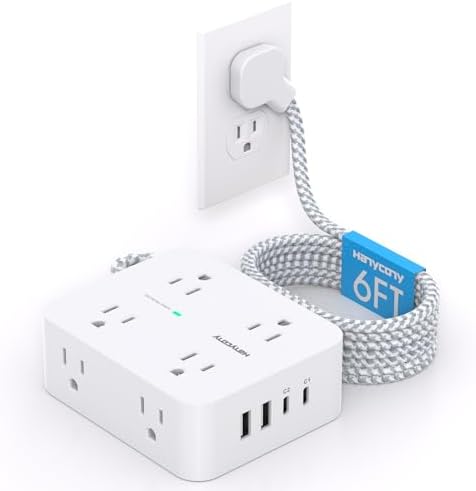 HANYCONY 6 ft Surge Protector Power Strip with 8 Outlets & 2 USB-C Ports – Essential College Dorm Extension Cord with Space-Saving Flat Plug for Fast Charging and Device Safety – Perfect for Home Office and Tech Needs