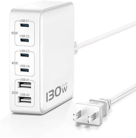 MSTJRY 130 W Ga N Multi-Device Charging Station – 6-Port USB-C Power Hub with PD 65 W & 45 W Fast Charging for Mac Book, i Phone 16/15/14/13/Pro Max, and Galaxy – Compact, Efficient, and Travel-Friendly Solution for All Your Charging Needs