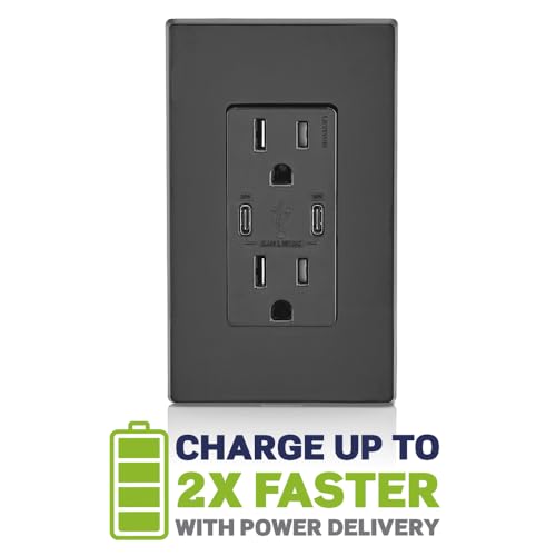 Leviton 60 W Dual USB Type A/Type-C In-Wall Charger – Fast, Efficient Power Delivery Solution for Smartphones, Tablets & Laptops – Tamper-Resistant Outlet in Light Almond for Safe, Clutter-Free Charging Experience – Perfect for Home and Office Use