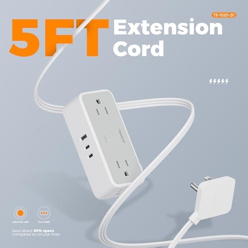 TESSAN 5 FT Flat Plug Extension Cord with 4 AC Outlets, 1 USB-C & 2 USB-A Ports – 900 Joules Surge Protector Power Strip for Home Office & Dorm Room – Maximize Charging Efficiency & Space Savings with Versatile Power Accessory
