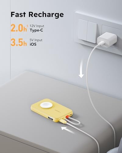 VEGER 5000 m Ah Mini Power Bank with Built-in Cable – PD 20 W Fast Charger for i Phone 14/13/12/Pro Max, Android Devices & Apple Watch – Lightweight Travel Essential in Vibrant Yellow – Ultimate Charging Solution for On-the-Go Connectivity