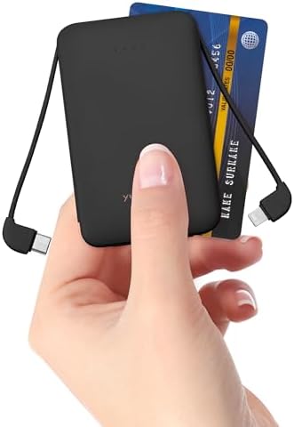 Ultra-Slim 5000 m Ah Power Bank with Built-In USB-C Cables – Dual Charging External Battery Pack for i Phone & Android – Lightweight Travel Companion in Black & Pink – Effortless Portability and Enhanced Device Compatibility