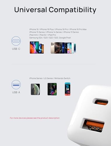 JSAUX 20 W Dual Port USB C Charger Block – Fast Charging Adapter for i Phone 16, Apple Watch, i Pad Pro, and Air Pods – Compact Foldable Travel Charger with Power Delivery & Quick Charge 3.0 Technology – Enhanced Compatibility for All Devices