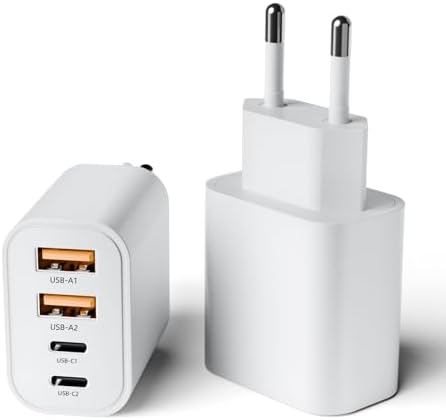 European Power Adapter & Fast Charge USB Hub – 2-Pack with 40 W PD 3.0 for i Phone 16/15/14 Series & Samsung Galaxy S24-S20 – Compact 4-Port Travel Charger for Effortless Multi-Device Charging – Perfect for Families & Global Adventurers Seeking Reliable Power Solutions in Europe