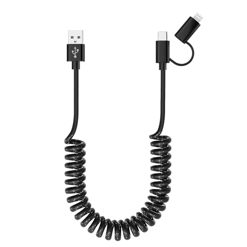 Versatile Coiled USB to USB-C & Lightning Cable Combo for i Phone and Android – MFi Certified Fast Charge & Data Sync up to 3 A – Tangle-Free Design for Apple Car Play & Android Auto Compatibility – Durable, High-Quality Charging Solution for Seamless Connectivity on the Go