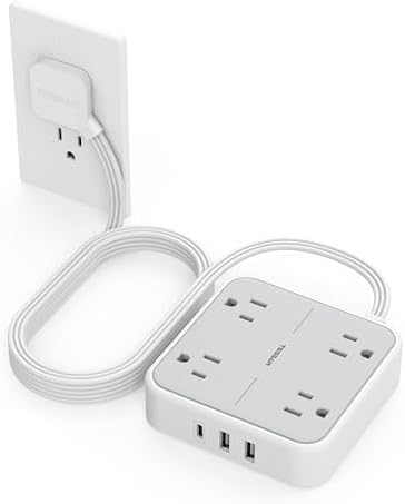 TESSAN 5 FT Flat Extension Cord Surge Protector – 4 Outlet Power Strip with 3 USB C Ports (1 USB C) for Fast Charging, 900 Joules Electronics Protection, Space-Saving Design for Home, Office, and Dorm Use, Enhanced Compatibility and Efficiency