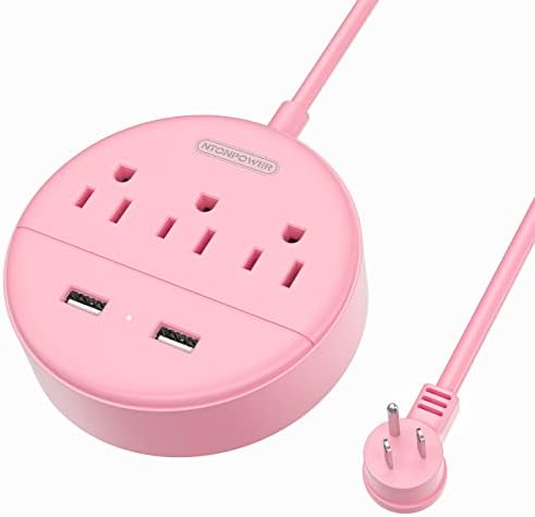 Stylish 25 ft Rose Pink Extension Cord by NTONPOWER – Flat Plug Power Strip with 3 AC Outlets & 2 USB Ports, Versatile Wall Mount Charging Station for Home, Dorm, or Office – ETL Certified for Enhanced Safety and Performance