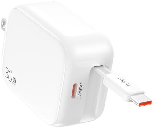 Compact Retractable 2-in-1 Wall Charger with USB-C and 27-inch Cable – 30 W Fast Charging Adapter for i Phone 16/15, i Pad, Galaxy & Pixel – Sleek Black, Perfect for Travel and Enhanced Device Compatibility