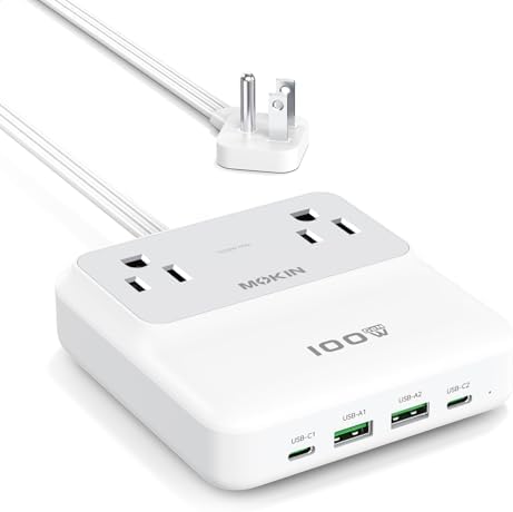 Ultimate 100 W Ga N USB-C Charging Station with Surge Protection – 6-Port Multi-Device Power Strip for Mac Book Pro, i Phone 16 Pro, and Chromebook – Space-Saving Flat Plug Design and 5 ft Extension Cord for Flexible Use – Perfect for Home and Travel