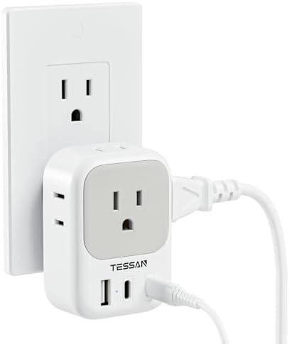 TESSAN 7-Port USB Wall Charger & Outlet Splitter – Versatile 4 AC Outlets and 3 Rapid USB Charging Ports with 2 USB-C Ports – Essential Multi-Plug Expander for Home, Office, Travel, and Dorm Rooms – Sleek Design with Surge Protection for Uninterrupted Power Supply