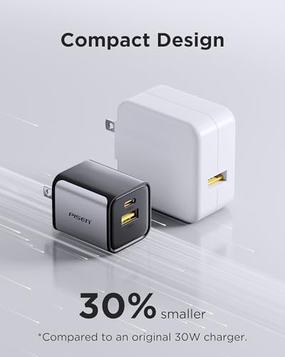 PISEN 30 W Dual Port USB C Charger – Fast Charging Power Delivery & Quick Charge 3.0 Ga N Adapter for i Phone 16/15/14/13, Samsung Galaxy, Pixel, i Pad – Compact, Lightweight Design for Seamless Power Anywhere – Enhance Your Charging Efficiency with Dual Device Support (Cable Not Included)