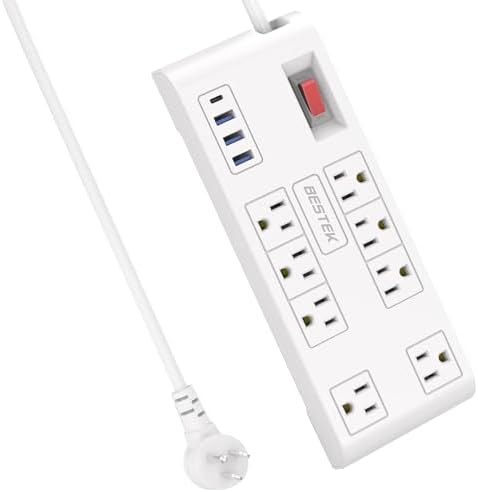 BESTEK 8-Outlet Power Strip with 5-Foot Extension Cord: Multi-Port USB Charging Hub Featuring 3 USB-A (2.4 A) & 1 USB-C (3 A) | 1625 W Max Output with 600 Joule Surge Protection for Enhanced Device Safety | Ultra-Compact Design for Home & Office Efficiency