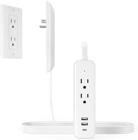 Versatile 5 FT Flat Socket Extension Cord with Surge Protection: 2 AC Outlets, 1 USB C & 2 USB A Ports – Ideal Multi-Device Charger for Home, Dorm, Office, and Travel – Compact Power Strip for Effortless Charging and Enhanced Safety
