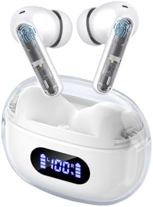 Translucent Wireless Earbuds with IPX7 Waterproof Rating – 30-Hour Battery Life for Uninterrupted Listening – Stylish and Comfortable Bluetooth Headphones for Samsung and Android Users – Premium Sound Quality and Enhanced Call Clarity for Active Lifestyles