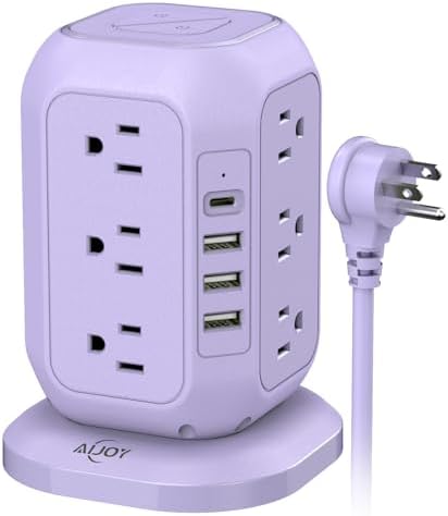 Ultimate Power Strip Tower with USB Ports – Ai Joy 12 AC Outlet Surge Protector and 4 USB Charging Station with 10 Ft Extension Cord, Overload Protection for Home, Office, and Dorm Use – Space-Saving Design for Enhanced Device Compatibility and Fast Charging
