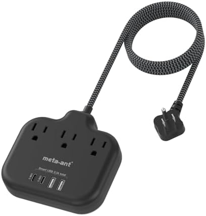 Stylish Brown Travel Power Strip with 5 Ft Cord – Compact Extension Solution Featuring 3 AC Outlets & 4 USB Ports (2 USB-C) for Rapid Charging – Ideal Desk Accessory for Tan Wood and Walnut Grain Décor – Maximize Functionality & Aesthetics in Any Space