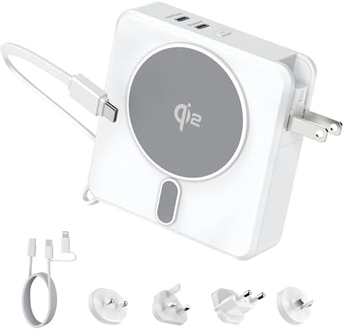 Magnetic 4-in-1 Universal Power Bank – 10,000 m Ah Qi2 Certified Travel Charger with Integrated Cables and 30 W Fast Charging – Versatile Compatibility for i Phone, Samsung, i Pad & More – Sleek LED Display, Built-in USB-C and Lightning Cable, Global Plug Adaptors – Effortless Wireless Charging Anywhere with Enhanced Portability and Efficiency