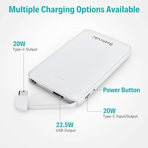 Ultra-Slim 20 W Fast Charging Power Bank with Built-in USB C Cable – 6000 m Ah Lightweight Portable Charger for i Phone 16, 15, Samsung & Android Devices – Essential Travel Battery Pack for On-the-Go Power Needs