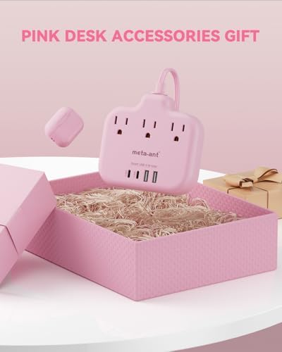 Stylish Brown Travel Power Strip with 5 Ft Cord – Compact Extension Solution Featuring 3 AC Outlets & 4 USB Ports (2 USB-C) for Rapid Charging – Ideal Desk Accessory for Tan Wood and Walnut Grain Décor – Maximize Functionality & Aesthetics in Any Space