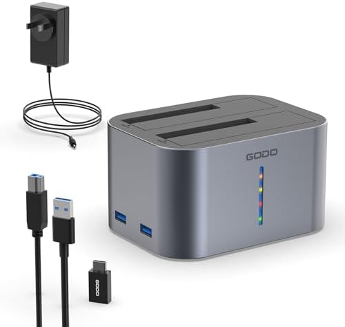 Transform Your Storage Experience with the GODO Dual Bay Hard Drive Dock – USB 3.0 SATA Docking Station for 2.5″/3.5″ HDDs & SSDs, Supports 2 x 16 TB Capacity, Enhanced UASP Performance, Stylish Aluminum Design with RGB Lighting & Dual USB 3.0 Ports – Perfect for Backup, Data Recovery & Easy Expansion
