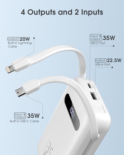 Ultimate 20,000 m Ah Energy QC Power Bank: 35 W PD 3.0 & QC 4.0 Ultra-Fast Charging Portable Charger with Dual Built-In Lightning & USB-C Cables for i Phone 16/15/14, Galaxy S24, i Pad, Air Pods – All-Day Power & 4-Device Charging with Smart LED Display for Travel & Emergencies