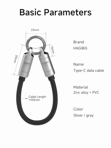 Hagibis USB4 Portable Keychain Cable – 0.5 ft Type-C to Type-C, 80 Gbps Data Transfer, 240 W Fast Charging, 8 K@60 Hz Video Output for i Phone 16 Pro Max & i Pad Pro – Compact Lanyard Design for Ultimate Convenience