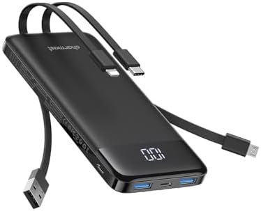 Ultra-Slim 10,000 m Ah Charmast Portable Charger with Built-In Cables – High-Speed 15 W USB-C Power Bank for i Phone 16/15/13, Samsung, and Android Devices – Charge 6 Devices Simultaneously with Real-Time LED Display – Travel-Friendly Battery Pack with Pouch for Added Durability and Low Current Mode for Safe Charging of Earphones and Speakers – Essential Power Solution for Daily Use and On-the-Go Charging