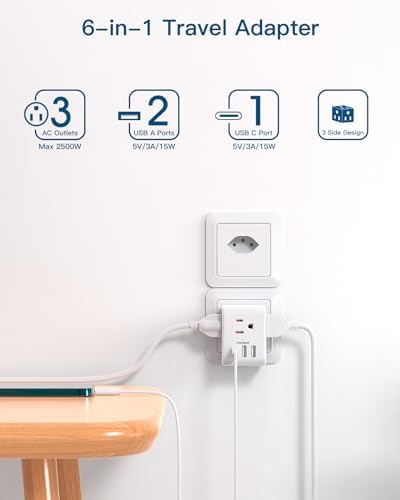 Ultimate European Travel Plug Adapter Set – Dual Pack Universal Power Converter with 3 AC Outlets and 3 USB Charging Ports (including USB-C) for Efficient Power Solutions in Italy, Spain, France, Germany, and Iceland – Essential Accessory for Global Travelers Seeking Versatile Compatibility and Rapid Charging Efficiency