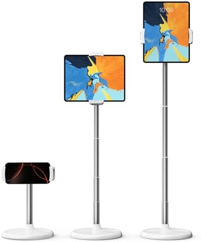 Versatile Adjustable Tablet Floor Stand Holder: 360° Rotatable Design for All Devices (4″-12.9″) – Height Adjustable (12-34.6 inches) with Sturdy Base – Ideal for i Pad, i Phone, Kindle, Switch – Sleek White Finish for Modern Home or Office Use – Enhance Your Productivity and Entertainment Experience
