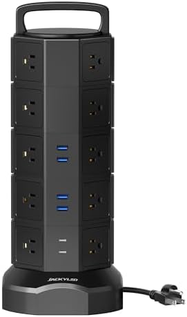 JACKYLED 20-Outlet Power Strip Tower Surge Protector with 6 Fast USB Ports – 1050 Joules Safety Shield, 13 A Desktop Charging Station with 6.5 ft Heavy-Duty Cord, Elegant Black Walnut Design for Home, Office & Garage Use – Ultimate Device Power Solution
