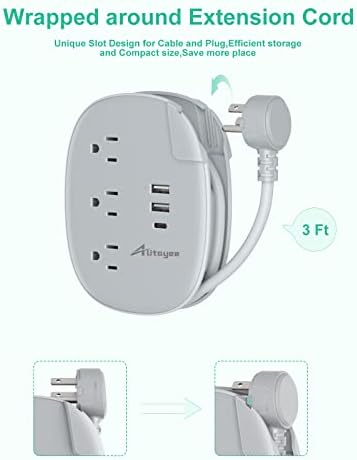 Alitayee 20 W USB-C Power Strip: Compact 3-Outlet Surge Protector with Fast Charging & Flat Plug for Travel, Home, and Office – Ideal for i Phone and QC 3.0 Devices with 3 ft Extension Cord for Maximum Portability and Compatibility
